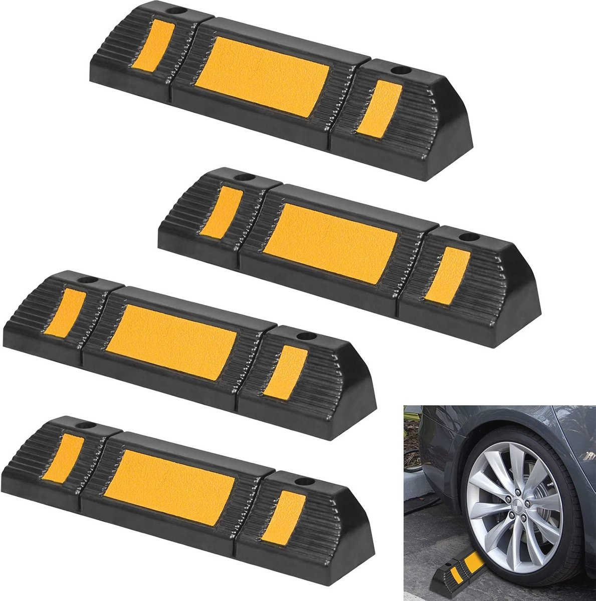 4-delige Wielstopper voor Parkeerbegrenzing en Rijbescherming - Rubberen Garagestopper met Reflecterende Strepen - 60 x 12 x 10 cm