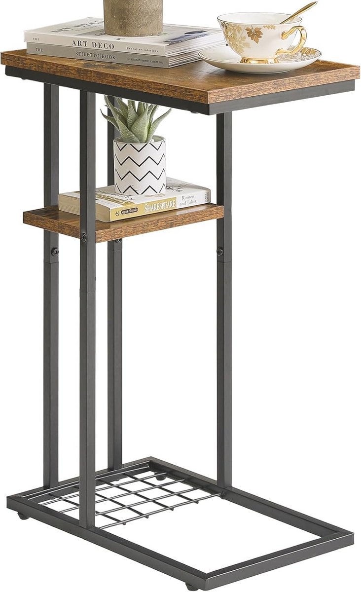 C-vormige lage bijzettafel met 2 etages en metalen frame voor woonkamer, slaapkamer en kantoor