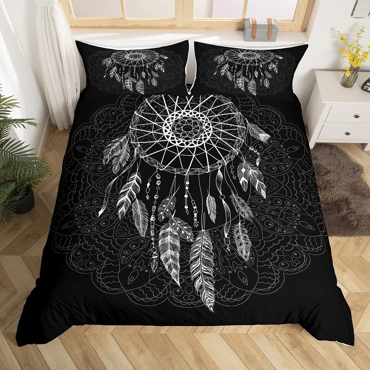 Ibenzoa Stijlvolle Boho Mandala Dekbedovertrekset met Bloemen en Veren 220x240 cm Zwart
