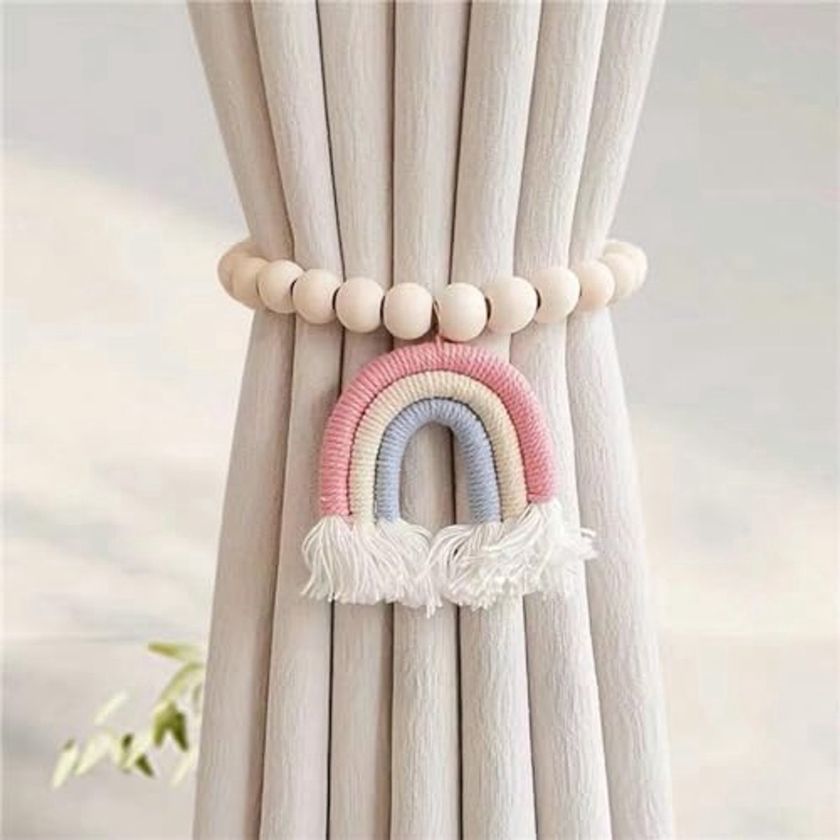 Stunq® Gordijnhouders, magnetisch, 2 stuks, regenboogkwastjes, gordijnhouders met houten parels, boho-gordijnclips, gordijngesp voor kinderkamer, decoratie (regenboog)