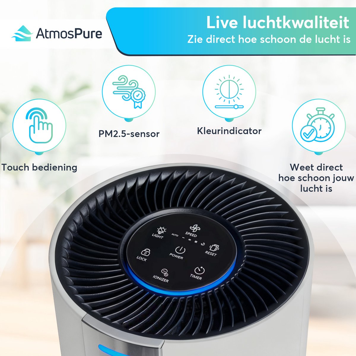 AtmosPure® CleanAir Luchtreiniger - Air Purifier met vervangbaar HEPA 13 + Koolstof filter - CADR 250 m³/h - Wit - Voor 98 m² - Filtert pollen, huisstofmijtallergenen en fijnstof - 3 standen + stille slaapstand - Luchtkwaliteit Sensor – foto 8