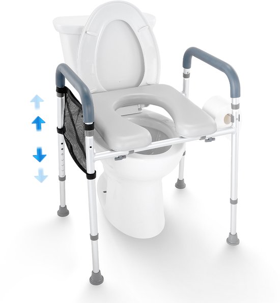 Verhoogde toiletbril met grijze armleuningen en toiletpapierset, zilver aluminium frame, witte toiletpot.