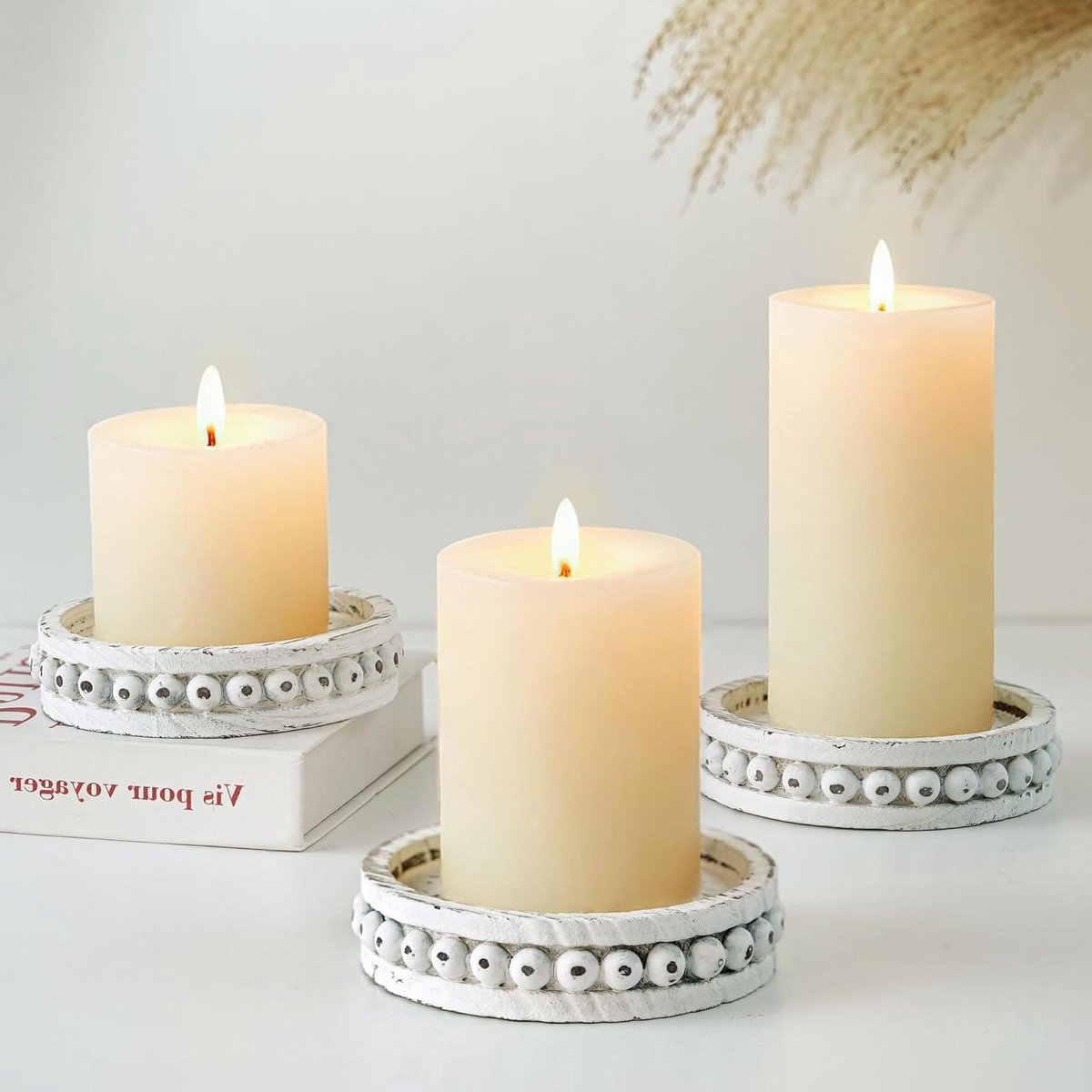 Cosensi - Houten kandelaar set van 3 - witte kaarsenhouder - boerderij decoratie voor open haard - eetkamer en woondecoratie.