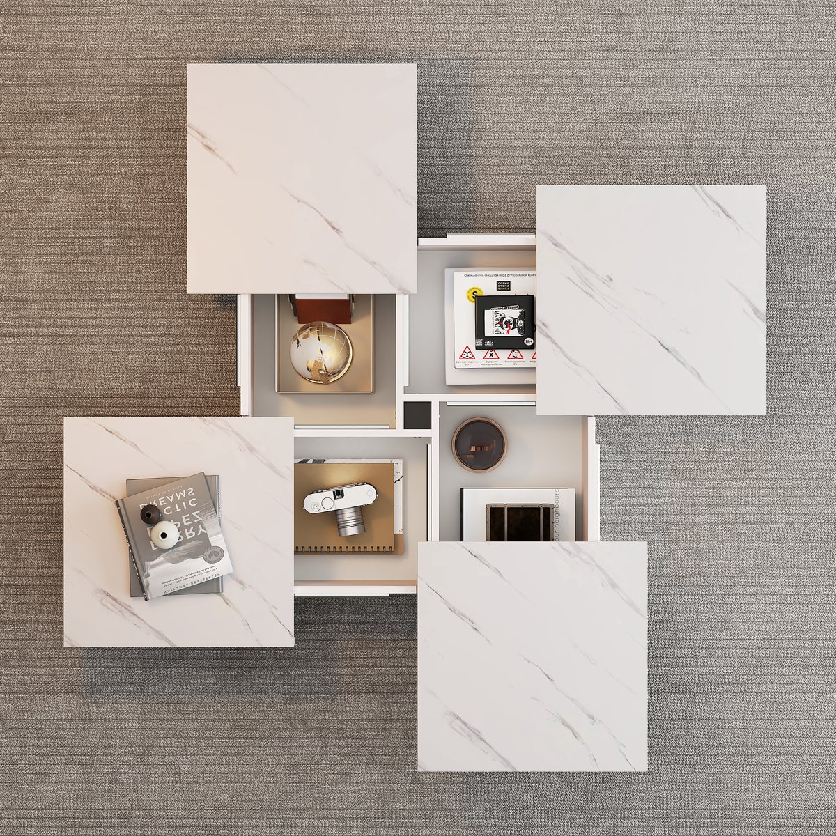 STILVORA Salontafels - Lage Vierkante Salontafel Met 4 Laden - Marmerlook Tafelblad - 90x90x25 cm - Hout - Wit
