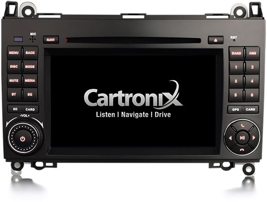 Zwarte autoradio met een leeg, donker touchscreen waarop "Cartronix Listen | Navigate | Drive" staat.
