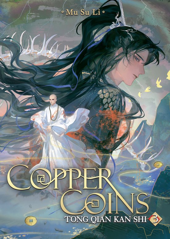Boekomslag van 'Copper Coins: Tong Qian Kan Shi Vol. 3' met twee mannen, één met lang zwart haar en gouden accenten, de ander kaal met een witte outfit.
