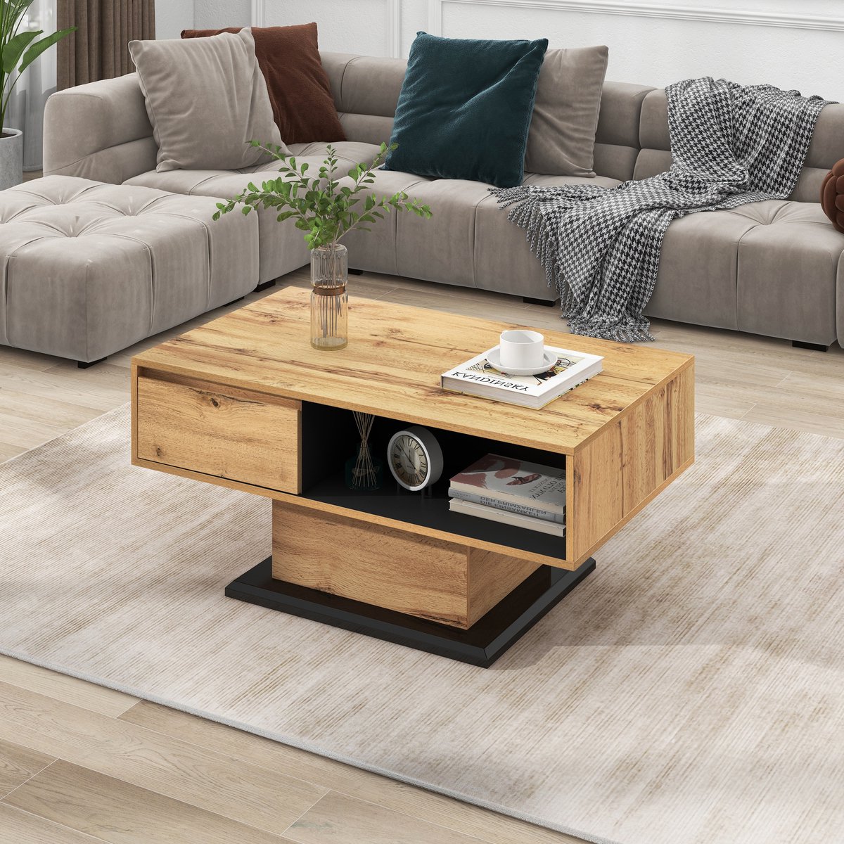 OKWISH Salontafels 100x47x60 cm - Salon Tafel Met Opbergruimte - Functioneel Design - Rechthoekig - Table Basse - Spaanplaat - Natuurlijk