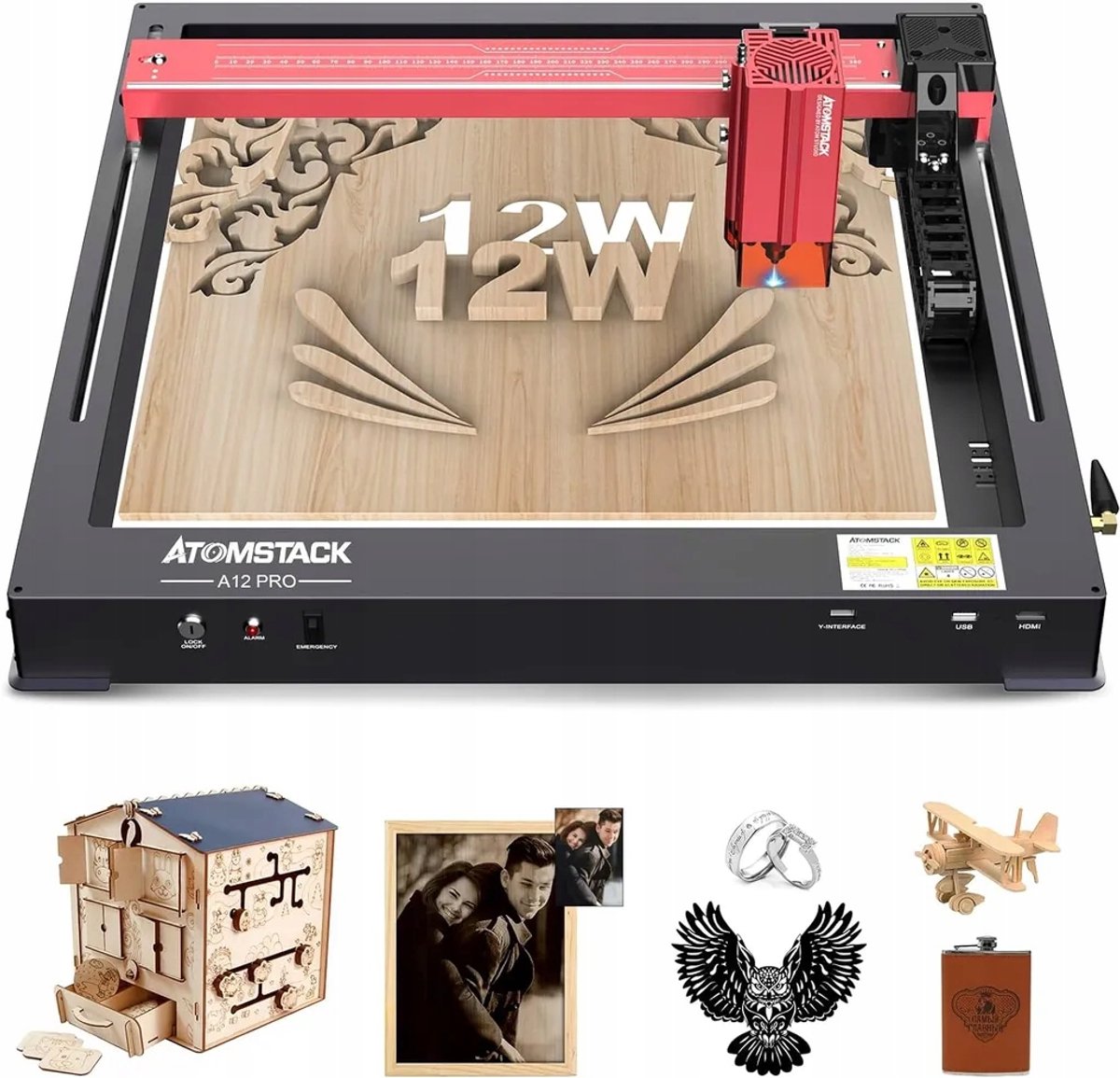 ATOMSTACK A12 Pro 12W Laser Graveermachine -met veiligheidsslot, noodstop, vlamdetectie, gyroscoopsensor- EU-stekker