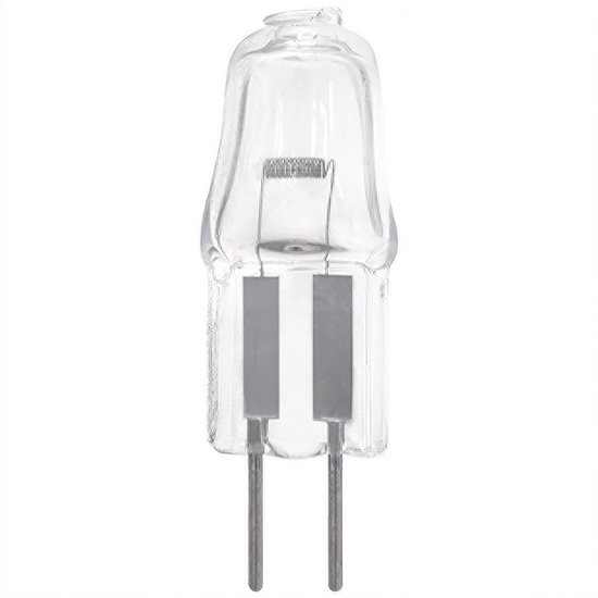 Close-up van een G4 halogeenlamp met twee platte pinnen en een helder glazen omhulsel.
