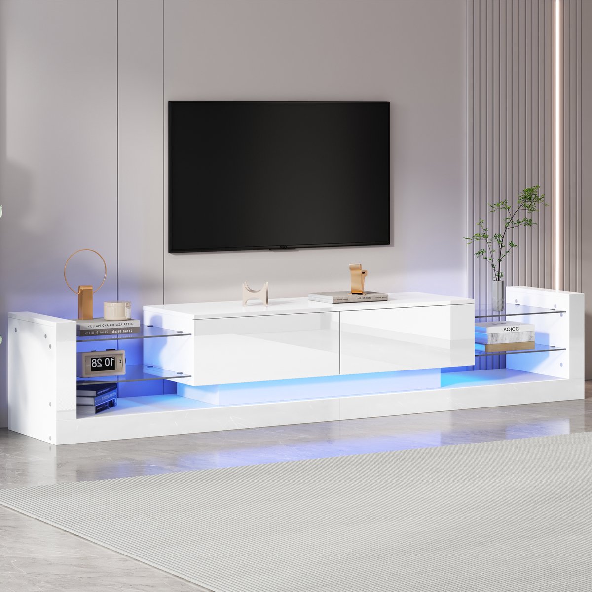 OKWISH TV Meubel - Vorm 181x38x38 cm - Zwevend TV Meubel Met Klapdeuren En LED - Voor Moderne Woonkamers - Hoogglans Hout - Wit