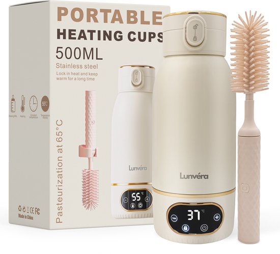 Lunvéra® Flessenwarmer Onderweg - Draadloze Draagbare Flessenwarmer - 500 ML - Voor Onderweg & Nachtvoedingen - Met Elektrische Schoonmaakborstel
