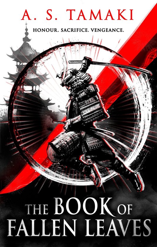 Boekcover 'The Book of Fallen Leaves' met samurai in harnas en katana, omringd door rode en zwarte kalligrafie.