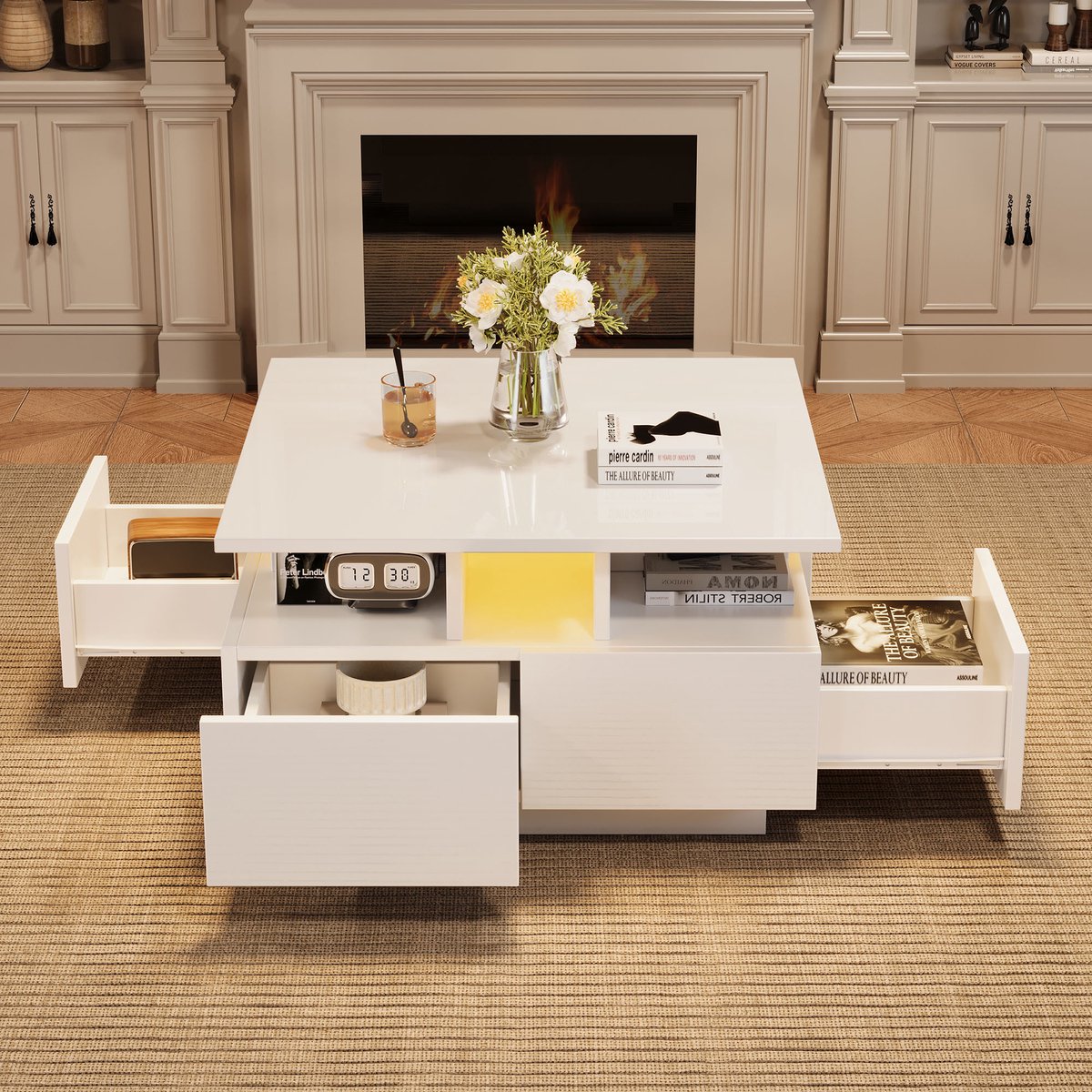 STILVORA Salontafels Koffietafel - Salontafel Met LED Licht En 4 Laden - 3-Lagen Hoogglans Geometrisch Design - Table Basse Voor Woonkamer - 70x70x40 cm - Spaanplaat - Wit