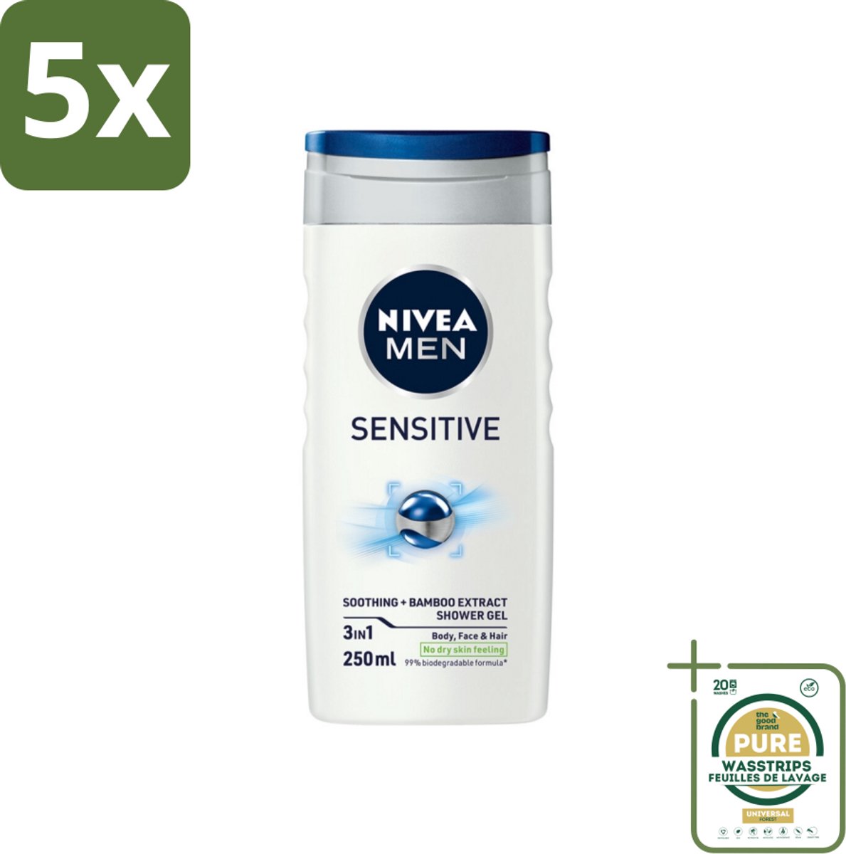 5 x Nivea - Men - Sensitive Douchegel - Hydraterend - 250 ml - Grootverpakking - Gevoelige Huid - Douchegel - Hydraterend - Huidvriendelijk - PH-huidneutraal