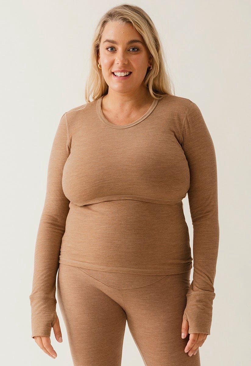 Boob Design - Voedingsshirt met Lange Mouwen- Met voedingstoegang - Merino Wol – Bruin Melange – Maat S