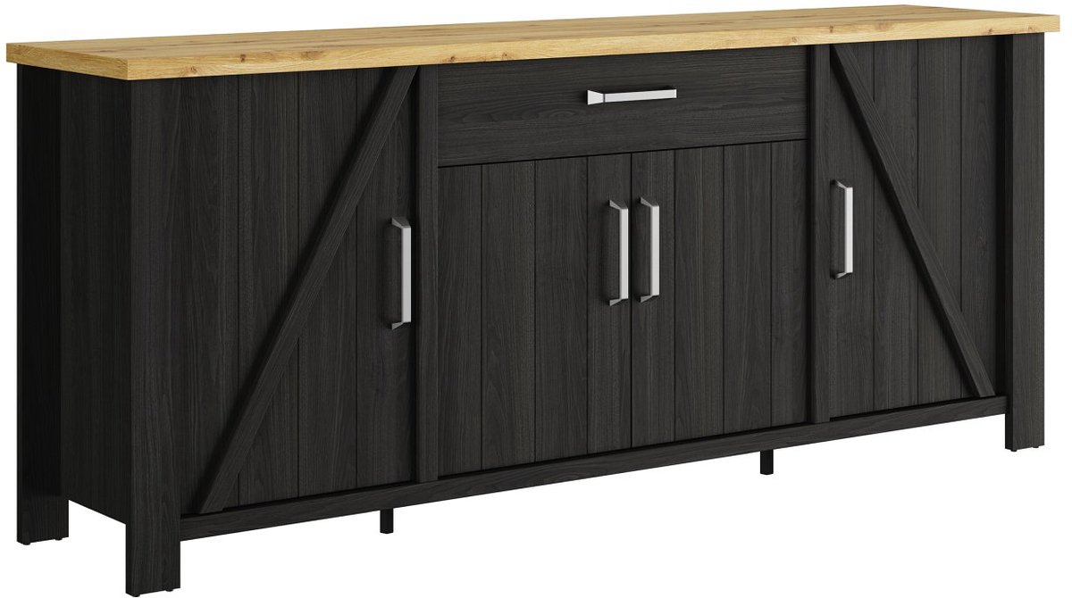 Belfurn - Dressoir Sequoia – 4 deuren en 1 lade – zwart-antraciet met eik artisan bovenblad- 22 x93x50cm
