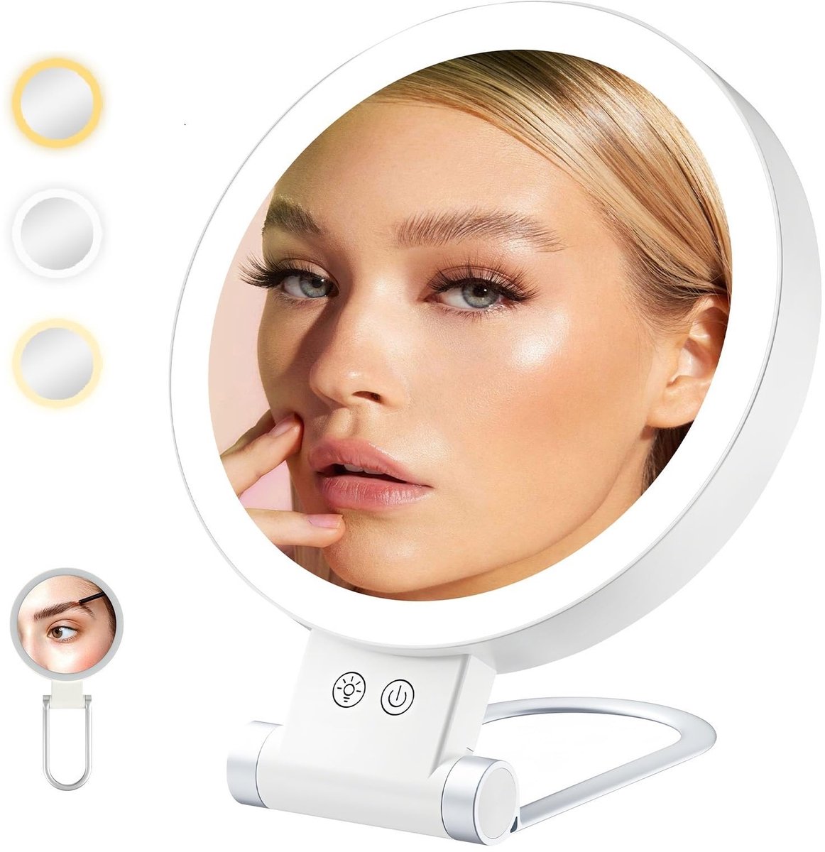 Ynkkvre - Make up spiegel met verlichting - Scheer spiegel - Make-upspiegel - Led spiegel - Vergroot spiegel - 3x Verlichtingsstanden - 360° Verstelbaar - Oplaadbaar via USB - 1x & 20x Vergroting