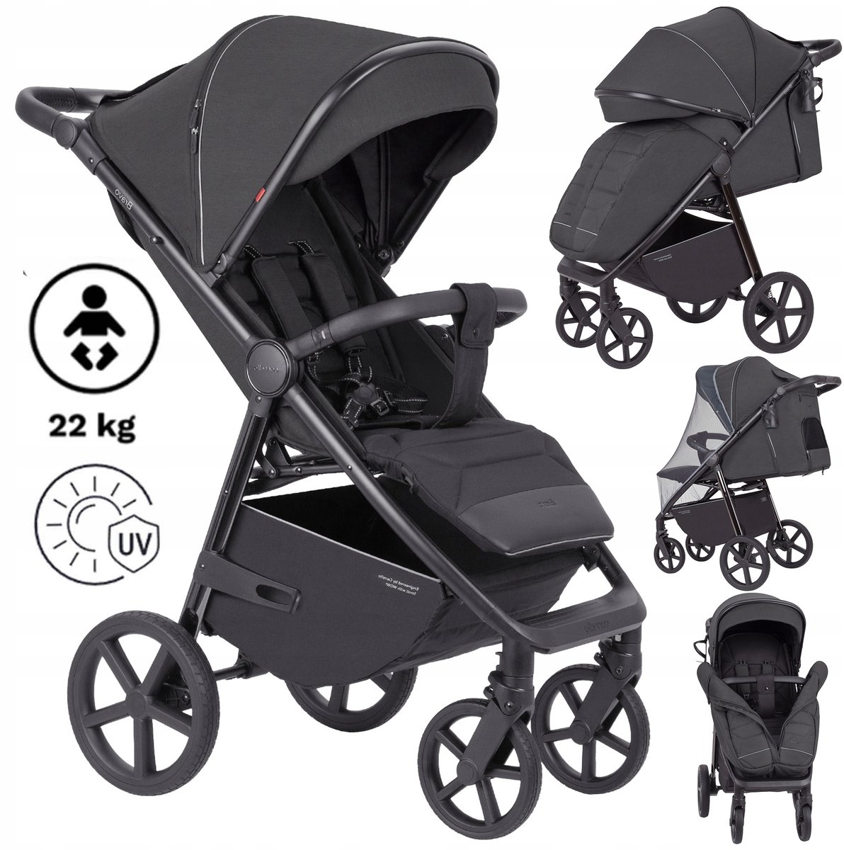 Luxe kinderwagen met grote wielen, verstelbaar, 0-22kg, inclusief accessoires