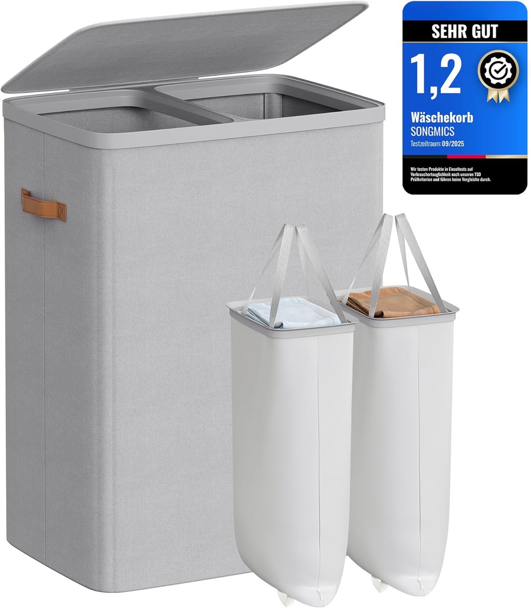 Furnstar Wasmand 170 l - Wasverzamelaar - 2 vakken - Wassorteerder - Lichte constructie met deksel en handgrepen - Uitneembare waszak 56 x 40 x 75 cm – Duifgrijs