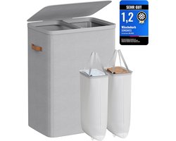 Furnstar Wasmand 170 l - Wasverzamelaar - 2 vakken - Wassorteerder - Lichte constructie met deksel en handgrepen - Uitneembare waszak 56 x 40 x 75 cm – Duifgrijs