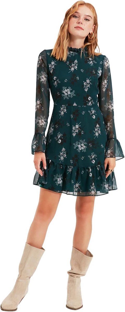 Dames zakelijke casual jurk met groen bloemenpatroon