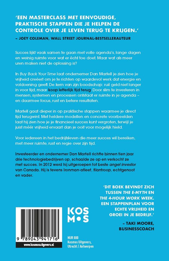 Boekcover met titel 'Buy Back Your Time' en tekst in het Nederlands.