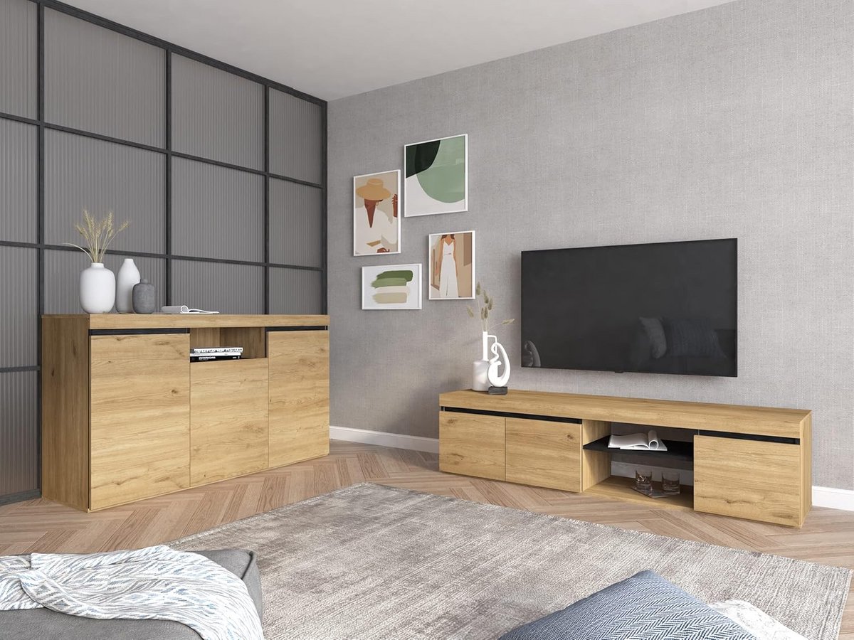 Set Naturale Woonkamer Eetkamer Bijzetmeubelen in Eik en Zwart Nordic Stijl