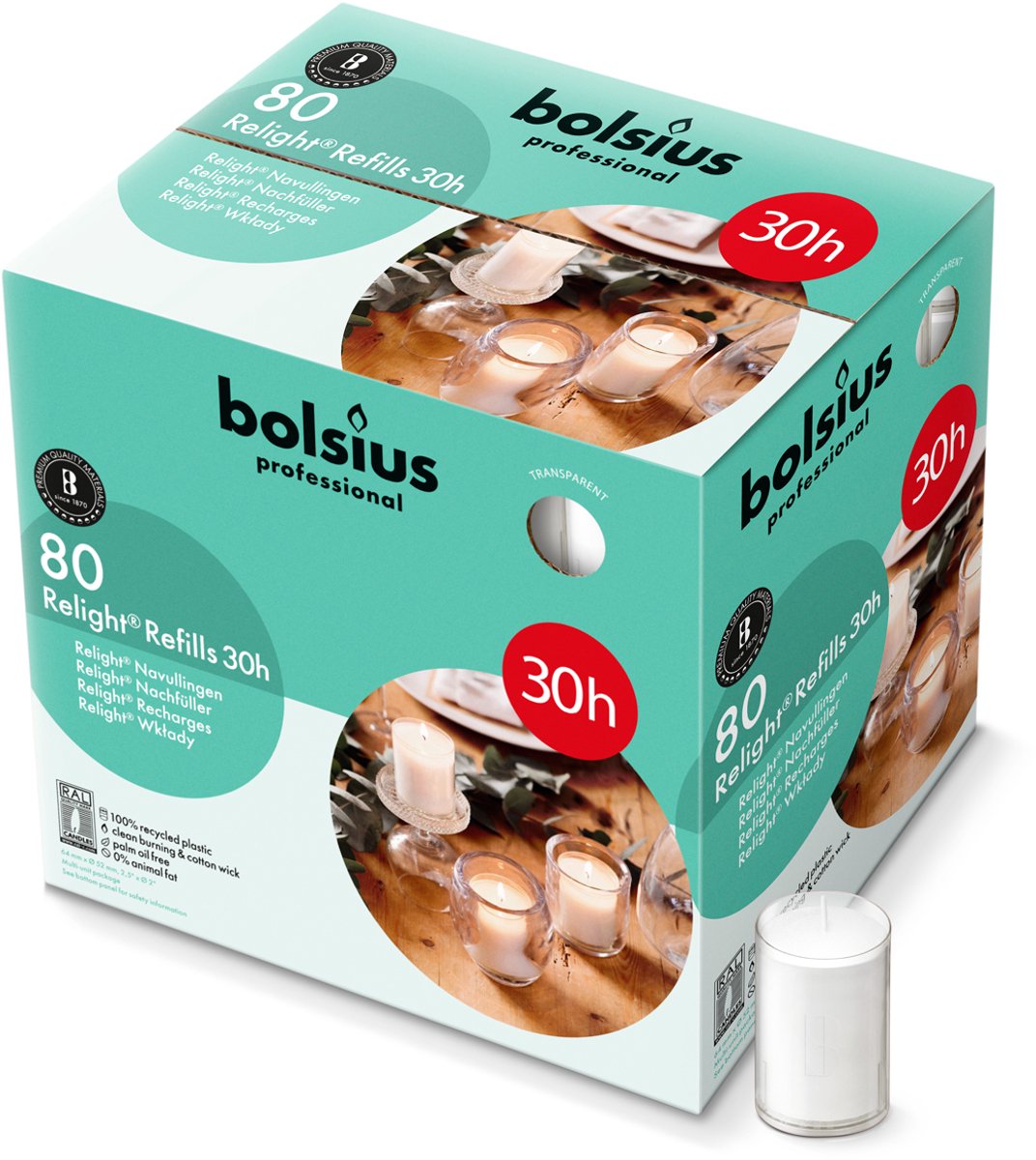 Bolsius Relight - Transparant - Navulling voor kaarshouder - 80 Stuks - 30 Branduren