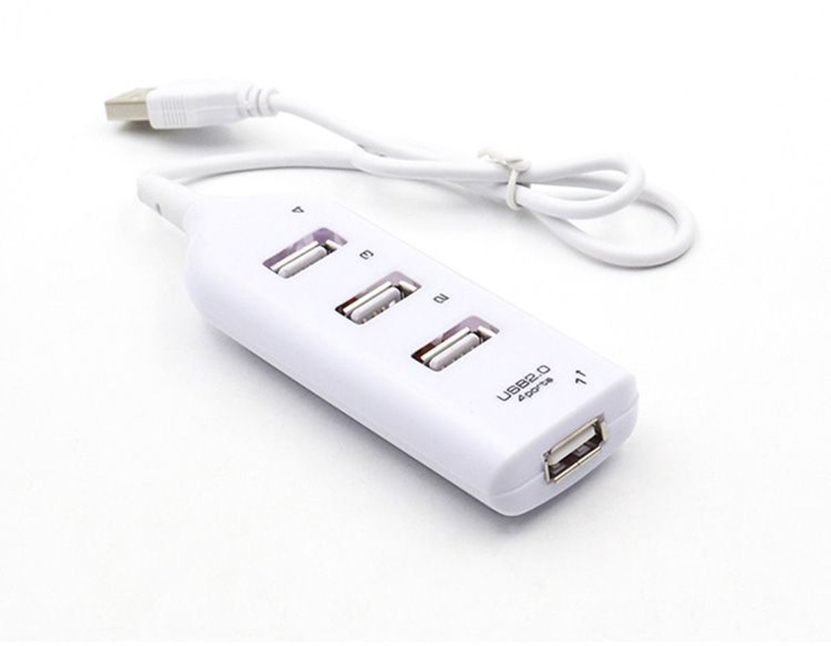 4-poorts USB 2.0-hub, gevoed via USB-bus, draagbare multi-port USB 2.0-splitter en -extenderhub, kleine reis-USB-hub, plug-and-play, geschikt voor pc's.