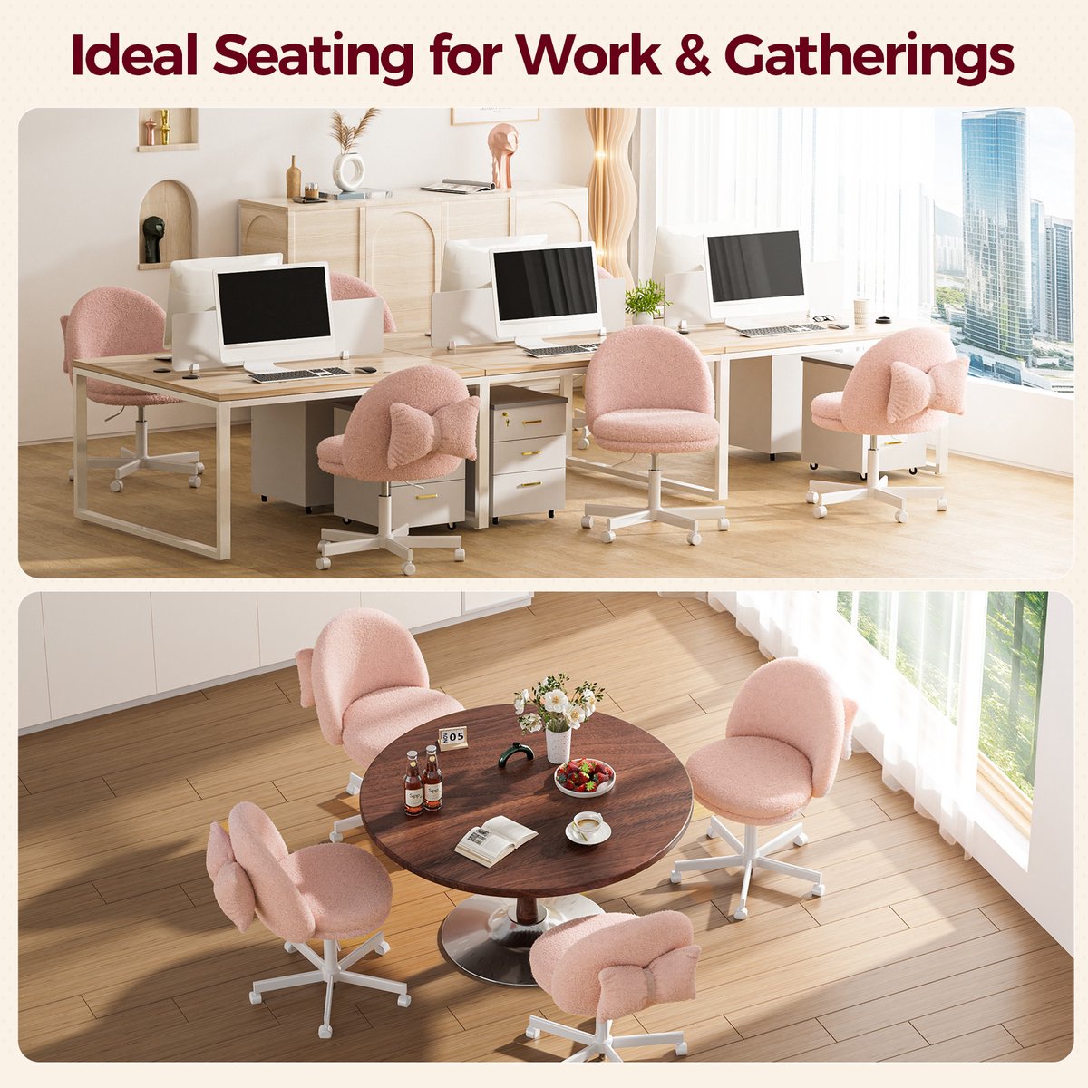 Homeoffice Draaistoel Fleece Roze zonder Armleningen - afbeelding 3