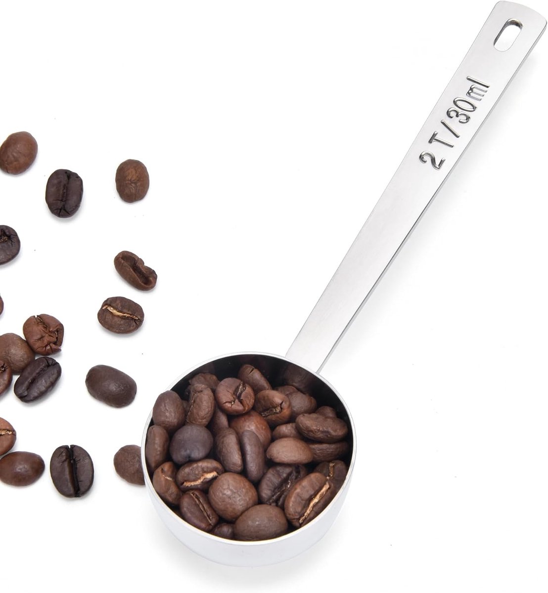 Daity Één koffielepel met lange steel - gemaakt van roestvrij staal 304 - met een inhoud van 30 ml - geschikt voor koffiebonen - koffiepoeder - theeblaadjes - enz. - handig voor gebruik vanuit hoge containers (zilverkleurig).