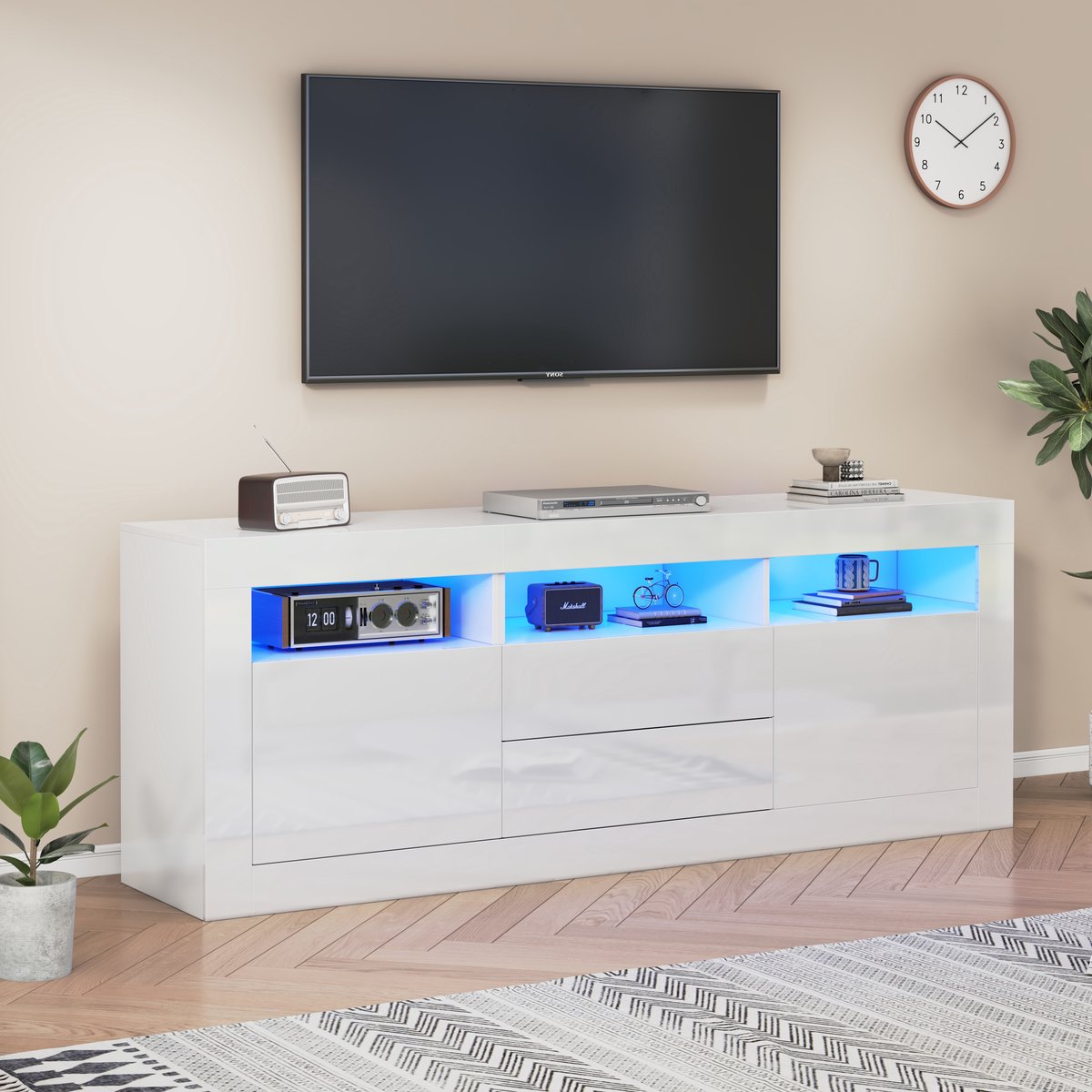 Wishdor Tv-Meubel - Hoogglans Front - Met Ledverlichting En App-Bediening - Met 3 Open Vakken, 2 Deuren En 2 Lades - Wit - 160 X 35 X 60 Cm