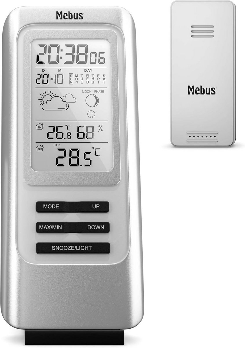 Draadloze Weerstation met Binnensensor - Binnen- & Buitentemperatuur | Hygrometer | Weer Voorspelling | Funk Wekker
