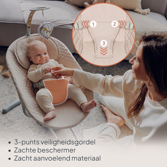 Lionelo Rio Elektrische Wipstoel – Tot 9 kg – 3 Schommelsnelheden – 8 Melodieën & Natuurgeluiden – Ergonomisch Kussen – Afstandsbediening – Afneembare Speelboog met Speeltje – Wasbare Bekleding – 3-Puntsgordel – Batterij/Netvoeding – EN 12790-1:2023 — afbeelding 2