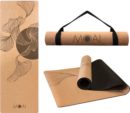 MOAI Yoga Mat - Inclusief draagriem / strap - Fitnessmat van natuurlijk Materiaal - 183x61 - Milieuvriendelijke Fitness Mat - Yoga Mat van 6 mm dik
