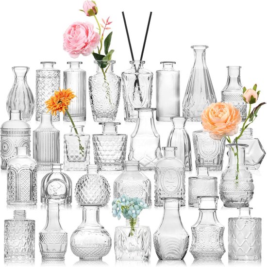 Set van 18 blauwe bud vazen voor bloemen, vintage heldere glazen vazen kleine vazen voor centerpieces voor thuis tafel decor rustieke bruiloft decoraties Set van 18 blauwe bud vazen voor bloemen, vintage heldere glazen vazen kleine vazen voor centerpieces voor thuis tafel decor rustieke bruiloft decoraties