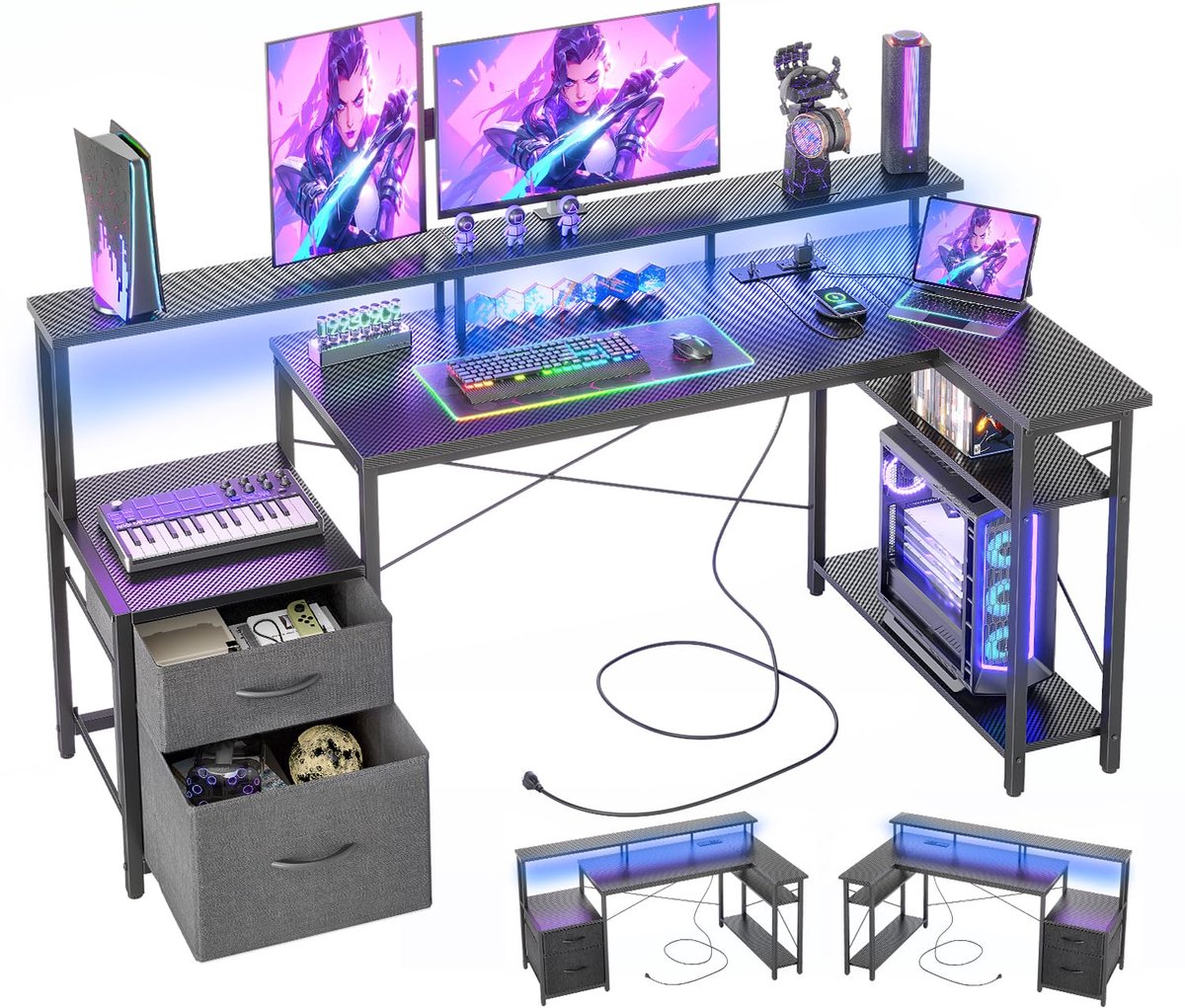 Unyqoos® Stijlvol L-vormig hoekbureau met LED-verlichting en opbergruimte