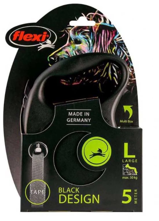 Verpakking van een flexi hondenriem 'black design' L, 5 meter, met neonkleurig hondenkop-design.
