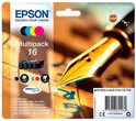 Epson 16 Multipack inktcartridges met een gouden vulpen. De kleuren zwart, cyaan, geel en magenta zijn zichtbaar.
