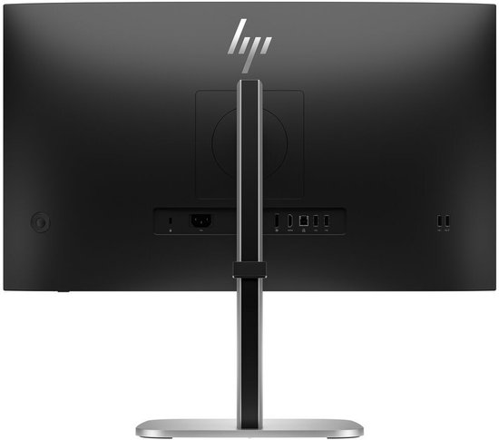 Achterkant van een zwarte monitor met het HP logo en diverse poorten.