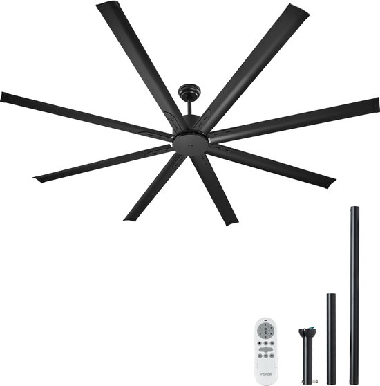 Aluminium plafondventilator 213 cm, 8 bladen, stille DC motor, afstandsbediening, zonder licht, zwart