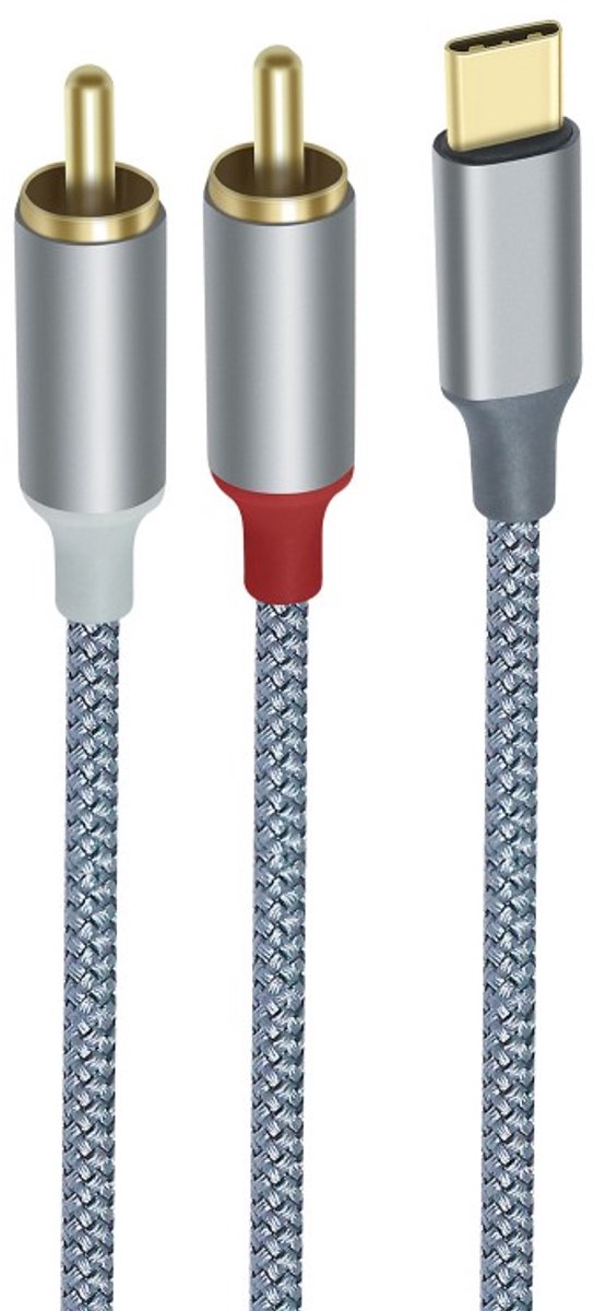 DTECH - USB-C naar 2RCA Audiokabel 1meter - Gevlochten kabel - Met Goudgeplaatste Connectoren - Grijs