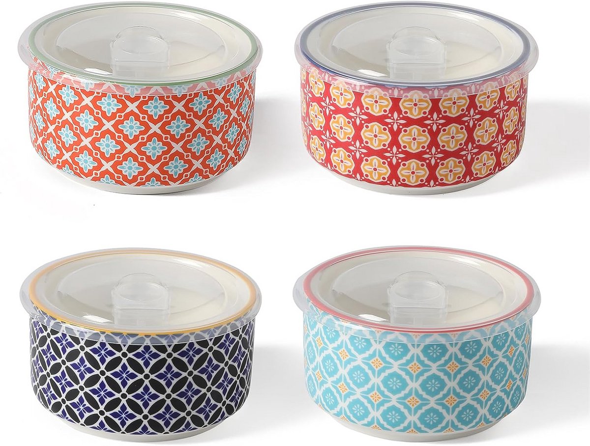 Keramisch Kommen Set met Deksels - 4 stuks - 20 oz - 5 inch - Magnetron- en Vaatwasmachinebestendig - Voorbereidingskommen voor Keuken, Lunch en Picknick