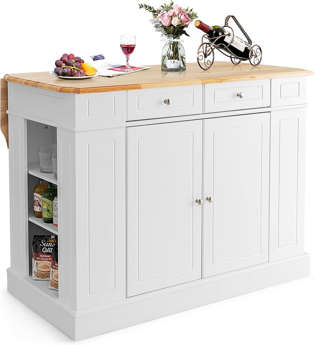Keukeneiland met Uitklapbaar Werkblad 120x60/90x92 cm - Wit - Extra Opberg Ruimte met Verstelbare Planken