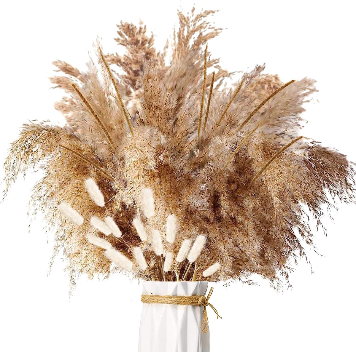 Famanu – Gedroogd pampasgras boeket met 45 stuks, natuurlijke gedroogde bloemen met pluizige aren, boho woondecoratie voor tafel, vaas en bruiloft