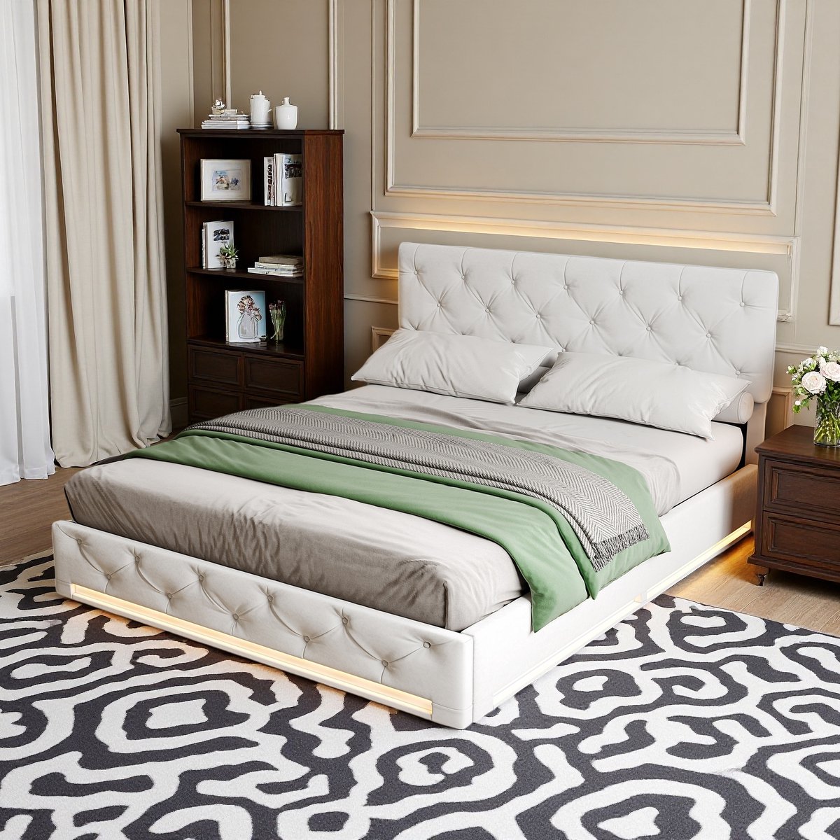 Beige Opbergbed 160x200 Tweepersoons met Hydraulisch Lift, Verstelbaar Hoofdbord & LED aan Voeteneinde thumbnail 6