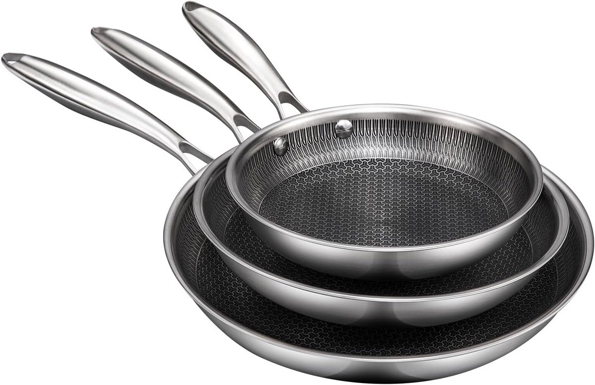 Hybride koekenpannen set van 3 stuks met antiaanbaklaag - 20 cm, 25 cm, 30 cm Tri-Ply roestvrijstalen pannen met koel blijvende handgrepen, geschikt voor inductie, ovenbestendig en vaatwasmachinebestendig