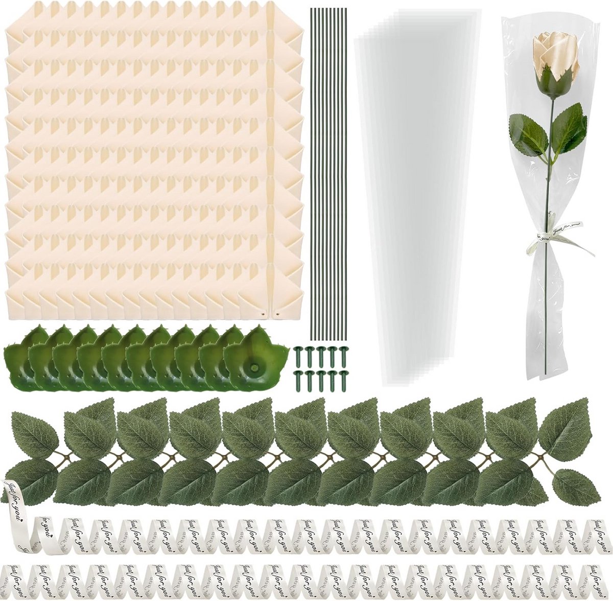 191 stuks kant-en-klare satijnen lint rozenblaadjes set - Champagne rozenblaadjes met groene stengels en bladeren - DIY bloemenboeket voor bruiloft