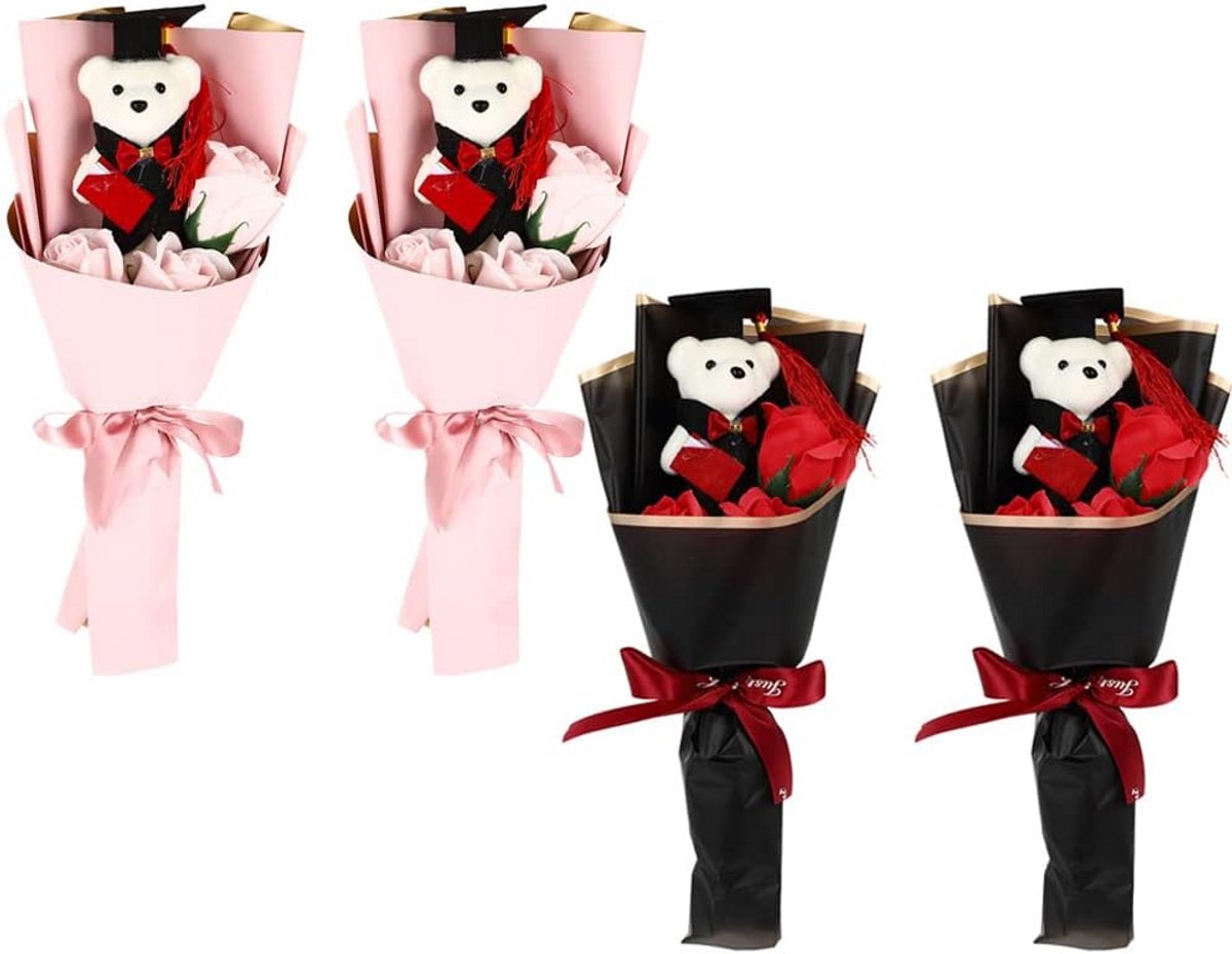 Roze berenboeketten met kunstrozen, 36x16x8 cm, set van 4 stuks