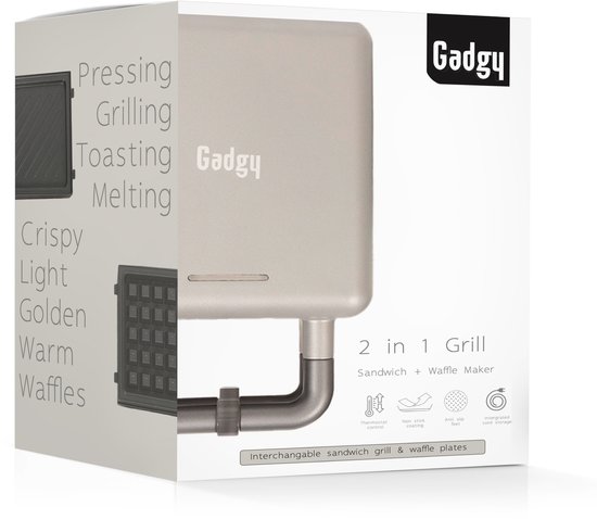 Grijze wafelijzer 2-in-1 Grill, Tosti- & Wafelmaker. Verpakking toont grillen, toasten, wafels maken.
